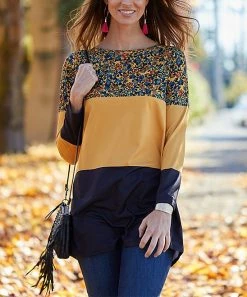 Budget 💯 Nanu | Yellow Floral Color Block Long-Sleeve Tunic - Plus 😍