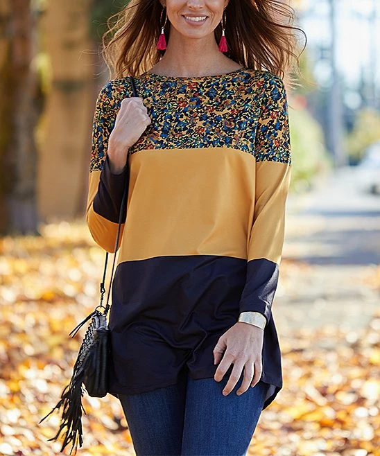 Budget ๐ฏ Nanu | Yellow Floral Color Block Long-Sleeve Tunic - Plus ๐