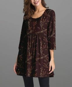 Discount 🔔 Nanu | Brown & Gray Floral Three-Quarter Sleeve Empire-Waist Tunic - 👩 Women 🧨