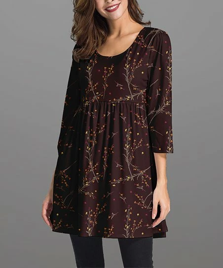 Discount ๐ Nanu | Brown & Gray Floral Three-Quarter Sleeve Empire-Waist Tunic - ๐ฉ Women ๐งจ