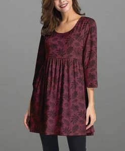 Flash Sale ✨ Nanu | Mauve & Burgundy Leaf Three-Quarter Sleeve Empire-Waist Tunic - 👩 Women ✨