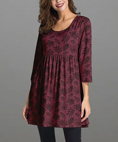 Flash Sale โจ Nanu | Mauve & Burgundy Leaf Three-Quarter Sleeve Empire-Waist Tunic - ๐ฉ Women โจ