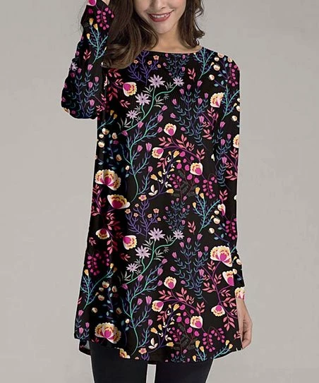 Hot Sale ✨ Nanu | Black & Colorful Flowers Long-Sleeve Tunic - 👩 Women & Plus 💯