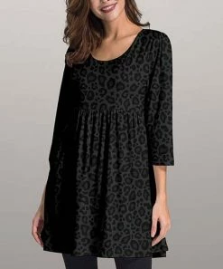 Cheap 🎁 Nanu | Black Leopard Three-Quarter Sleeve Empire-Waist Tunic - Plus 🥰