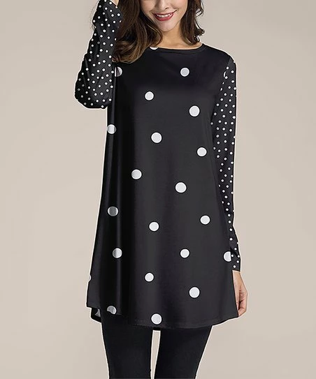 Top 10 โ Nanu | Black & White Polka Dot Long-Sleeve Tunic - Plus ๐คฉ