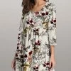 Cheap 🧨 Nanu | Cream & Red Floral Three-Quarter Sleeve Empire-Waist Tunic - 👩 Women & Plus 🔔