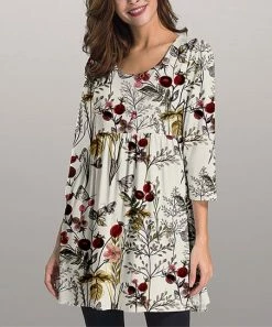 Cheap 🧨 Nanu | Cream & Red Floral Three-Quarter Sleeve Empire-Waist Tunic - 👩 Women & Plus 🔔