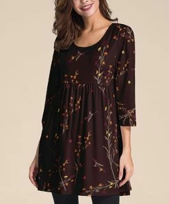 Flash Sale 🔥 Nanu | Burgundy & Orange Floral Three-Quarter Sleeve Empire-Waist Tunic - 👩 Women 🎁