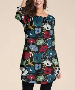 Buy 🥰 Nanu | Black & Red Floral Three-Quarter Sleeve Curved-Hem Tunic - Plus ⌛