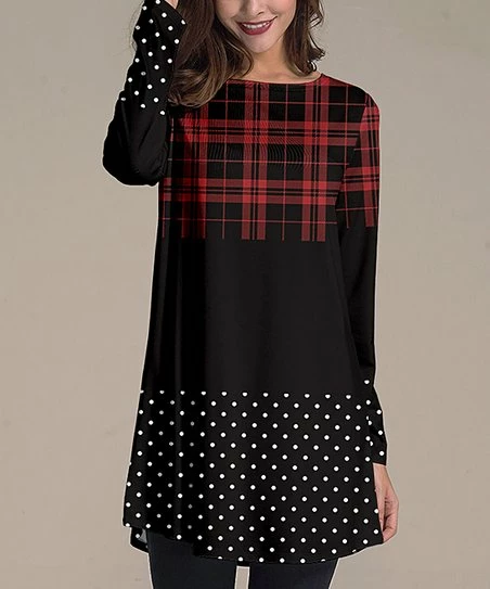 Best Sale ๐ Nanu | Black & Red Plaid Polka Dot Long-Sleeve Tunic - Plus ๐