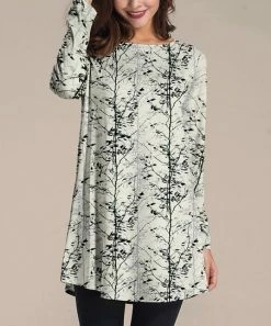 Outlet ✔️ Nanu | Cream & Dark Green Trees Long-Sleeve Tunic - 👩 Women & Plus 😀