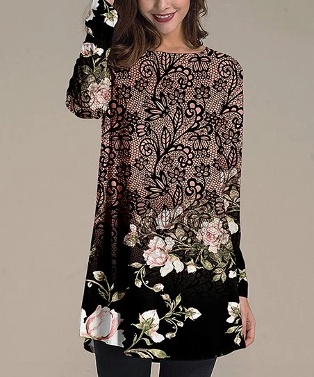 Wholesale ๐ Nanu | Black & Pink Floral Long-Sleeve Tunic - ๐ฉ Women โ