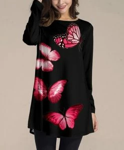 Buy 👍 Nanu | Black & Red Butterfly Long-Sleeve Tunic - 👩 Women & Plus 🎉