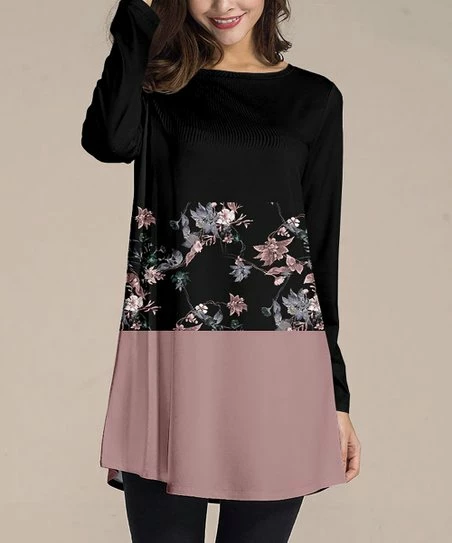Outlet โญ Nanu | Black & Mauve Color Block Floral Long-Sleeve Tunic - Plus ๐ฅ