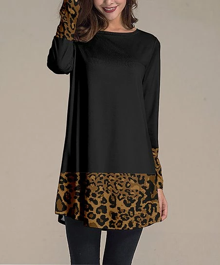 Buy ๐ Nanu | Black & Tan Leopard Long-Sleeve Tunic - Plus ๐คฉ