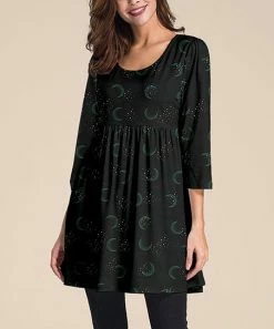 Discount ❤️ Nanu | Black Moon Three-Quarter Sleeve Empire-Waist Tunic - 👩 Women & Plus 🧨