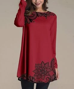 Best Sale 😀 Nanu | Dark Red & Black Floral Long-Sleeve Tunic - 👩 Women 🥰
