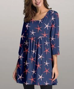 Cheap ⭐ Nanu | Navy & Red Starfish Three-Quarter Sleeve Empire-Waist Tunic - 👩 Women & Plus ✨