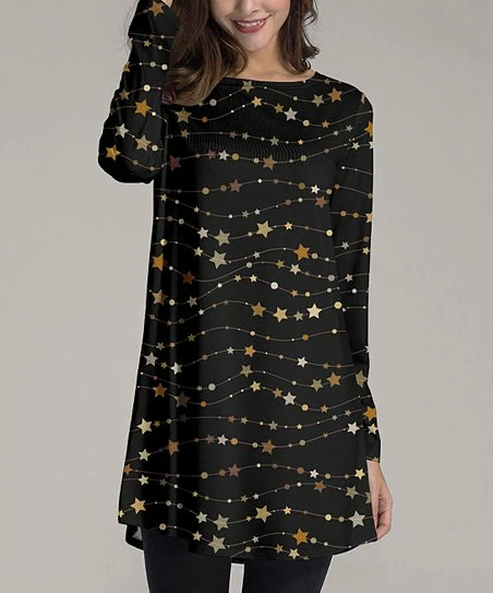 Coupon โญ Nanu | Black & Gold Star Scoop Neck Long-Sleeve Tunic - ๐ฉ Women & Plus ๐