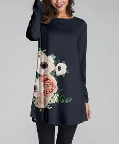 Cheap 🛒 Nanu | Dark Blue & Pink Floral Long-Sleeve Tunic - Plus 💯