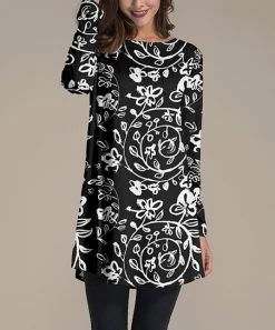 Coupon ✨ Nanu | Black & White Floral Long Sleeve Tunic - Plus ✨