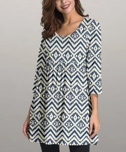 Outlet 😍 Nanu | Cream & Dusty Blue Abstract Three-Quarter Sleeve Empire-Waist Tunic - 👩 Women 🤩