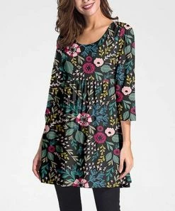 Discount 🎁 Nanu | Dark Gray & Blue Floral Three-Quarter Sleeve Empire-Waist Tunic - Plus ❤️