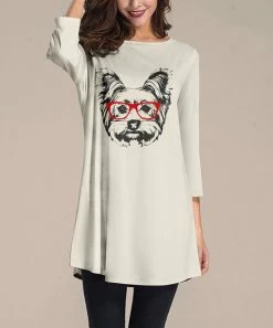 Budget 🌟 Nanu | Cream & Red Smart 🦮 Dog Three-Quarter Sleeve Tunic - 👩 Women 🔔