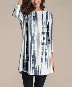 Budget 🧨 Nanu | White & Blue Vertical Bar Three-Quarter Sleeve Tunic - Plus 🔔