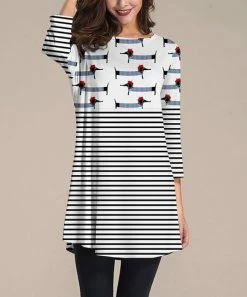 Cheap 👏 Nanu | Black & White Stripe Weiner 🐕 Dog Three-Quarter Sleeve Tunic - Plus 🎁