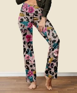Flash Sale ❤️ Nanu | Black & Pink Flowers Leopard Flared Yoga Pants - 👩 Women 😀