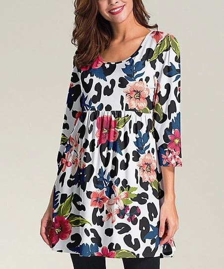 Best Sale ๐ Nanu | White & Black Leopard Flowers Three-Quarter Sleeve Empire-Waist Tunic - Plus ๐