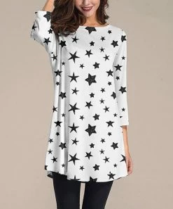 Budget ❤️ Nanu | White & Black Stars Three-Quarter Sleeve Tunic - 👩 Women & Plus 🎁