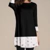 Hot Sale ✔️ Nanu | Black & White Floral-Contrast Three-Quarter Sleeve Tunic - 👩 Women 🥰