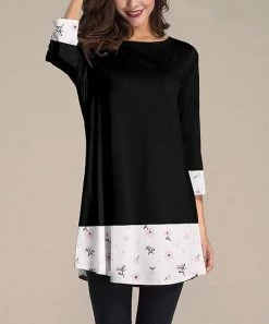 Hot Sale ✔️ Nanu | Black & White Floral-Contrast Three-Quarter Sleeve Tunic - 👩 Women 🥰