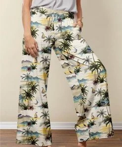 Wholesale 👍 Nanu | Cream & Green Beach Scene Palazzo Pants - Plus 👏