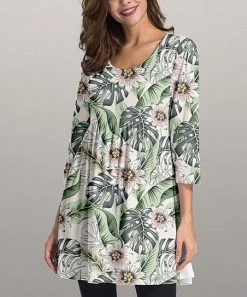 Coupon ✨ Nanu | Green & Beige Floral Three-Quarter Sleeve Empire-Waist Tunic - Plus 🔥