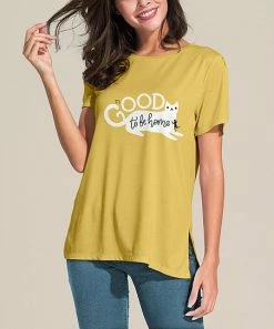 Best Sale 🛒 Nanu | Yellow & White 'Good to Be Home' Cat Slit-Sleeve Split-Hem Tunic - 👩 Women 🥰