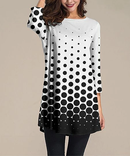 Budget ๐ Nanu | White & Black Cascading Dots Three-Quarter Sleeve Tunic - ๐ฉ Women & Plus ๐ฅ