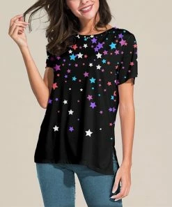 Promo 😍 Nanu | Black & Purple Star Slit-Sleeve Split-Hem Tunic - 👩 Women & Plus 😀