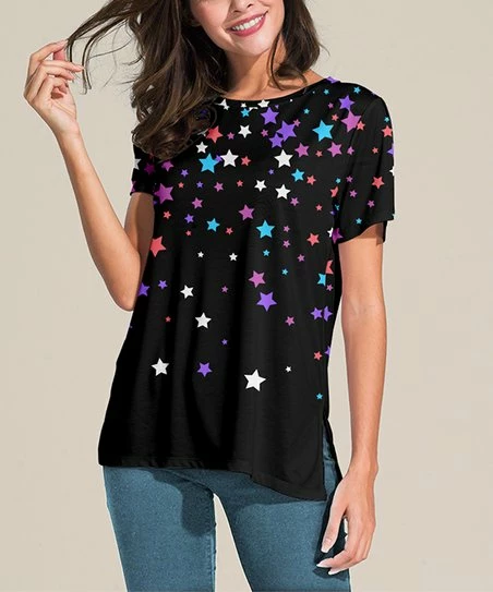 Promo ๐ Nanu | Black & Purple Star Slit-Sleeve Split-Hem Tunic - ๐ฉ Women & Plus ๐