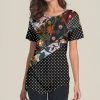Cheap 🥰 Nanu | Black Floral Patchwork Short-Sleeve Asymmetrical-Hem Tunic - 👩 Women ⭐