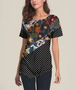 Cheap 🥰 Nanu | Black Floral Patchwork Short-Sleeve Asymmetrical-Hem Tunic - 👩 Women ⭐