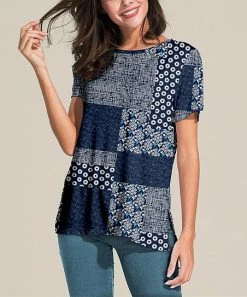 Buy ❤️ Nanu | Dark Blue Patchwork Slit-Sleeve Split-Hem Tunic - 👩 Women 🌟