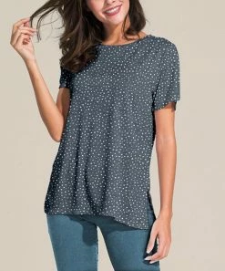 Buy 👏 Nanu | Dark Gray & White Polka Dot Slit-Sleeve Split-Hem Tunic - 👩 Women 😍