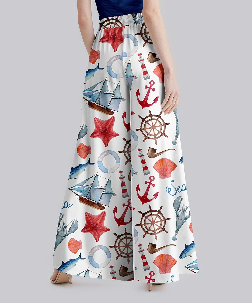 Buy 🌟 Nanu | White & Blue Boat Anchor 'Sea' Palazzo Pants - 👩 Women ✔️ - Image 2