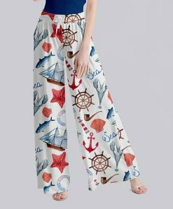 Buy 🌟 Nanu | White & Blue Boat Anchor 'Sea' Palazzo Pants - 👩 Women ✔️