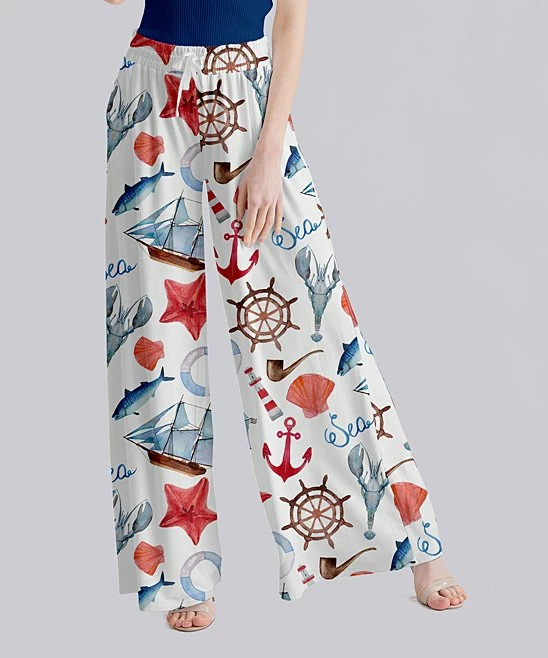 Buy 🌟 Nanu | White & Blue Boat Anchor 'Sea' Palazzo Pants - 👩 Women ✔️
