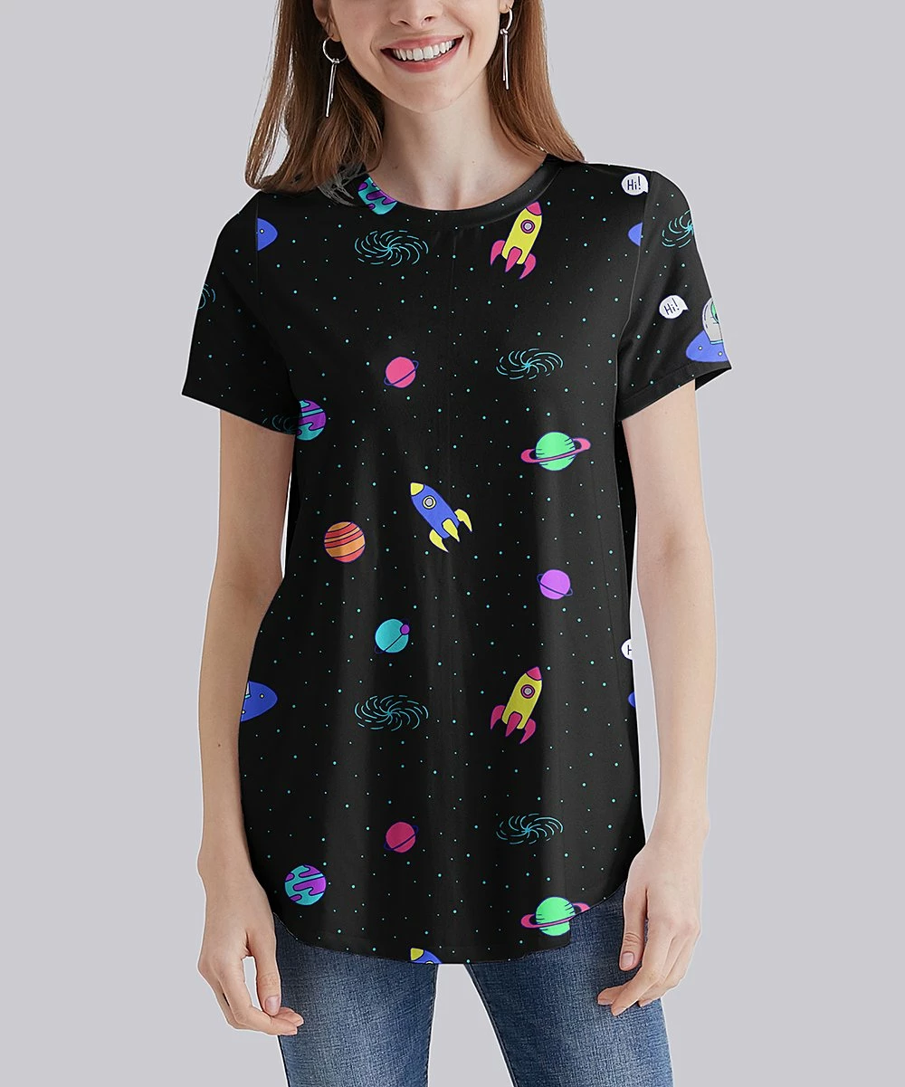 Budget 🎁 Nanu | Black Outer Space Curved-Hem Tee - 👩 Women & Plus 🎁