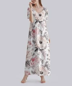 Best deal ๐ Nanu | White & Pink Floral V-Neck Short-Sleeve Maxi ๐ Dress - Plus ๐